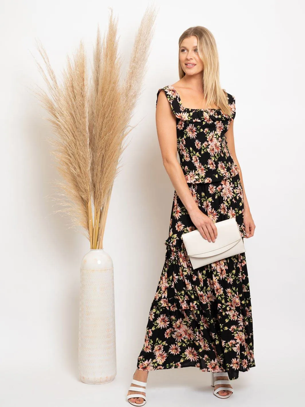 WOMEN'S FLOWER PRINT OFF SHOULDER SMOKED MAXI DRESS