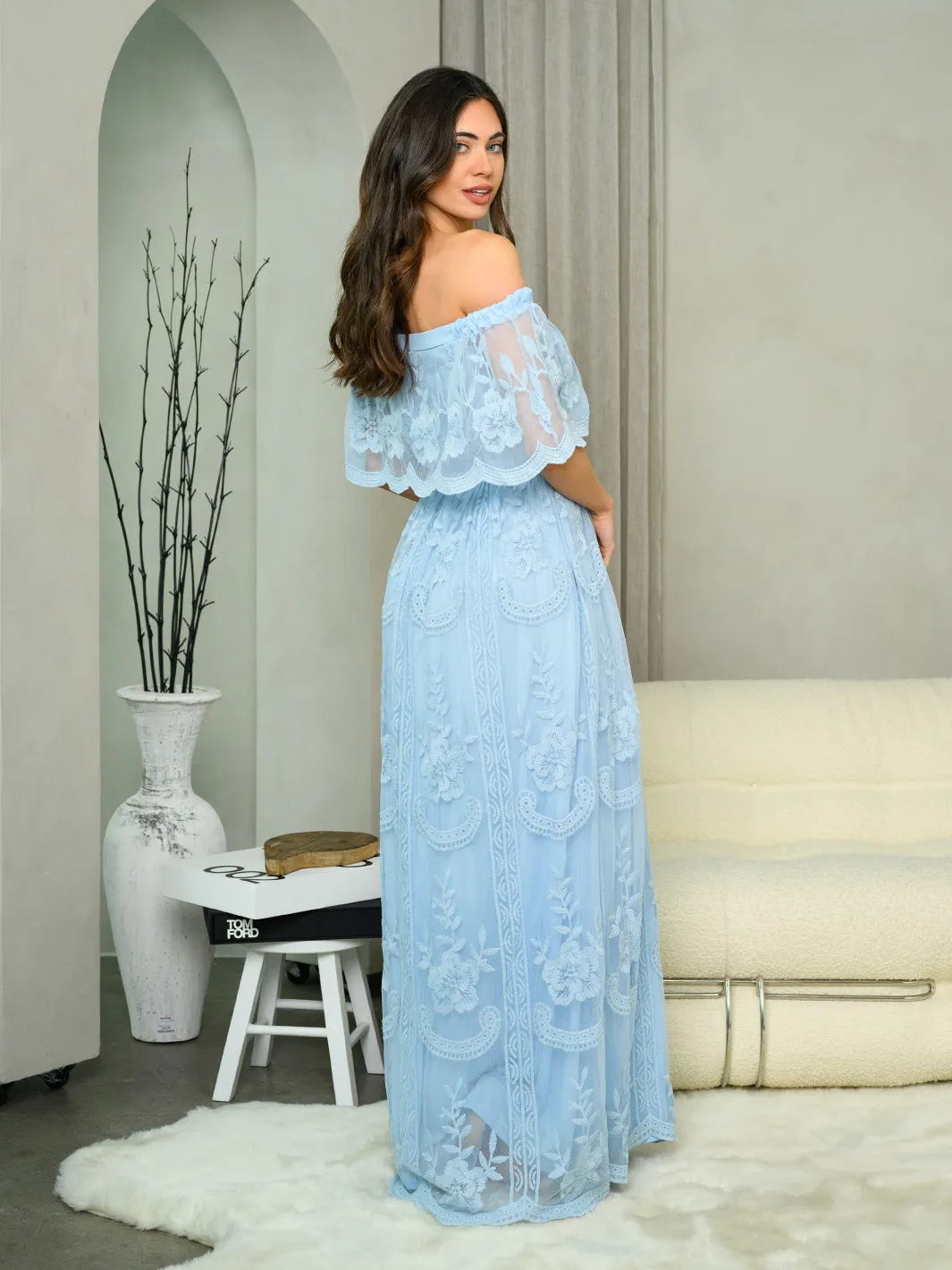 WOMEN'S OFF SHOULDER ALL OVER LACE MAXI DRESS