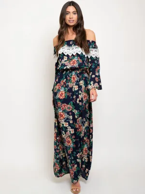 WOMEN'S OFF SHOULDER BLACK FLORAL MAXI DRESS