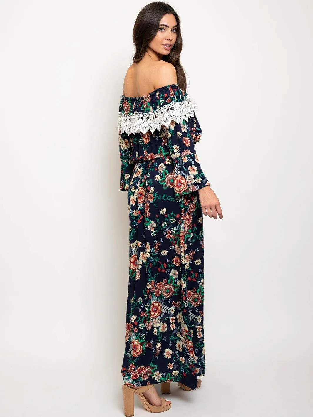 WOMEN'S OFF SHOULDER BLACK FLORAL MAXI DRESS