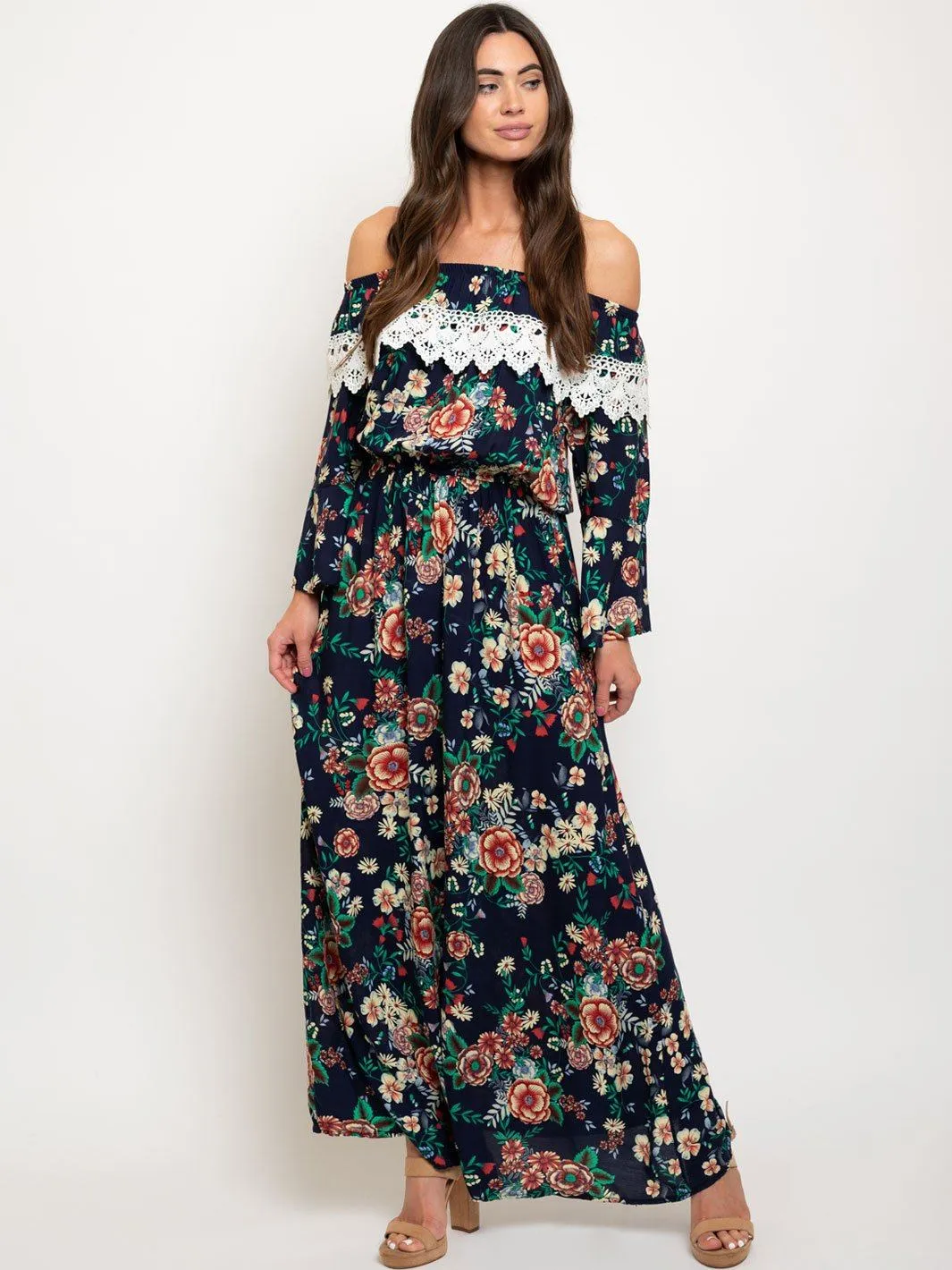 WOMEN'S OFF SHOULDER BLACK FLORAL MAXI DRESS