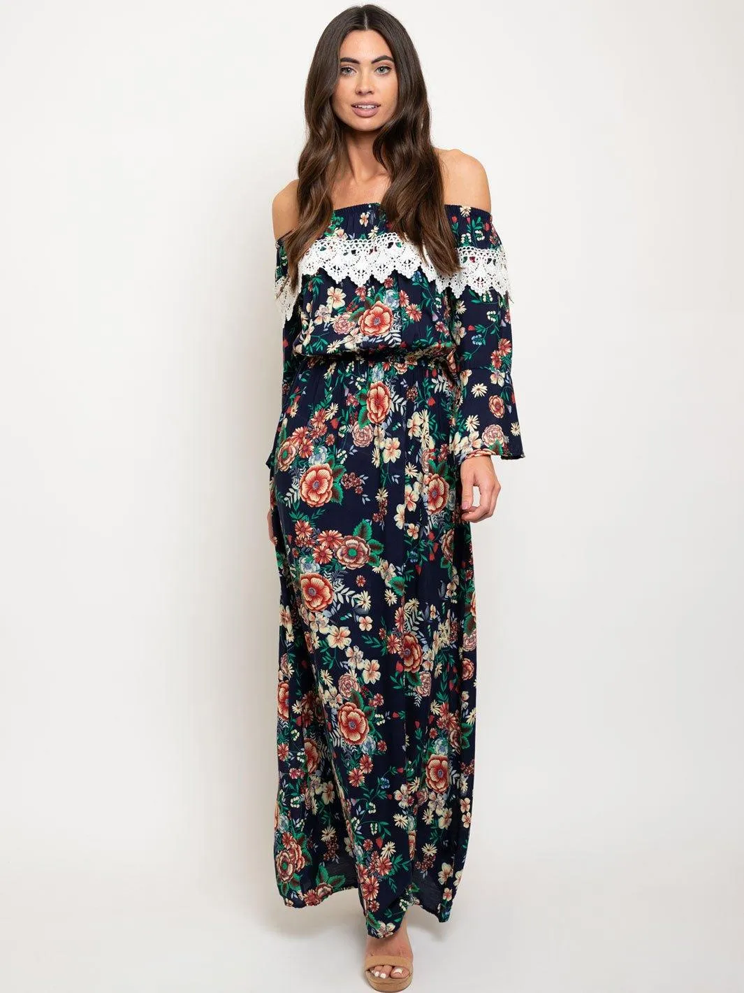 WOMEN'S OFF SHOULDER BLACK FLORAL MAXI DRESS