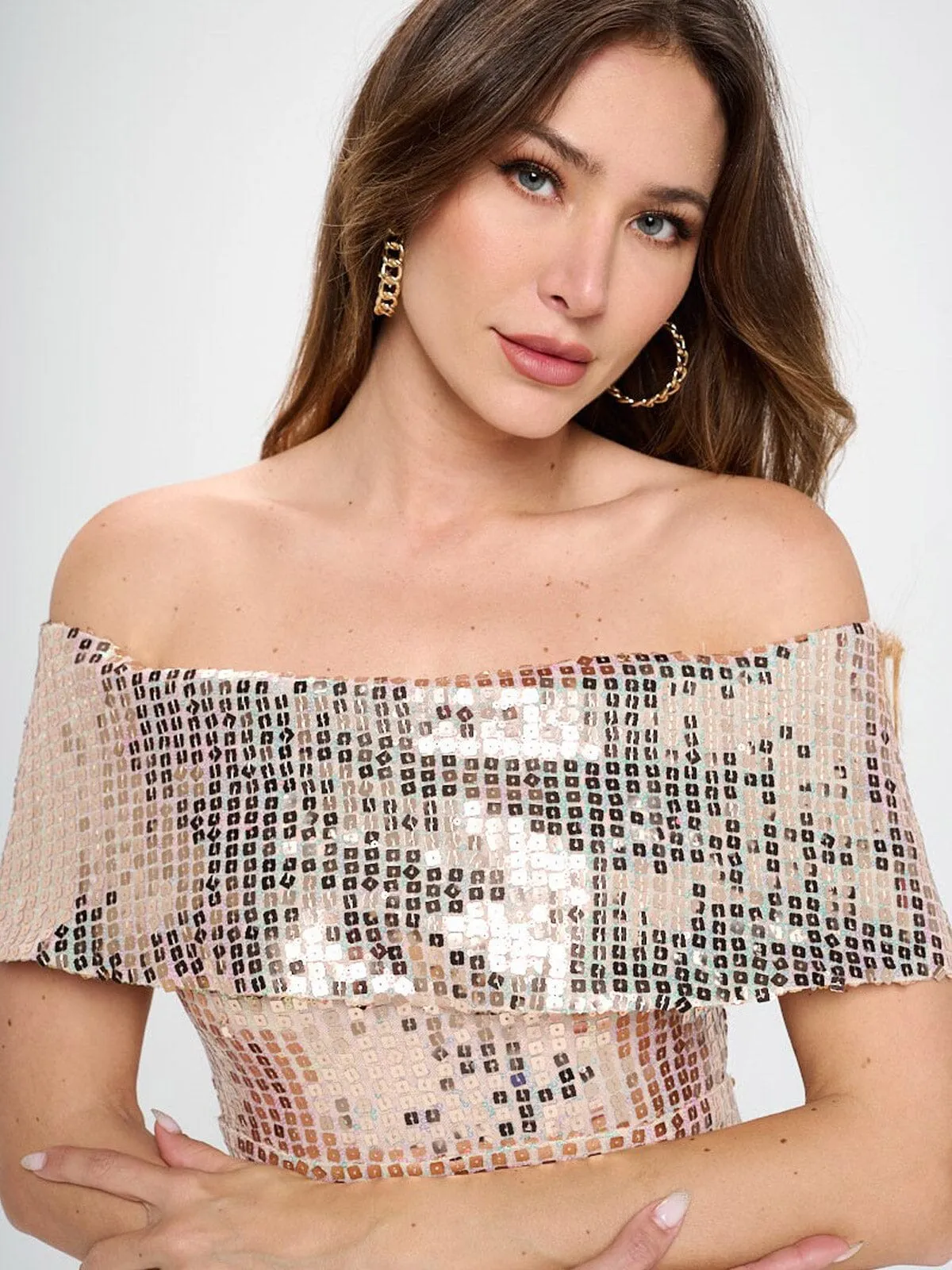 WOMEN'S OFF SHOULDER BODYCON SEQUINS MIDI DRESS