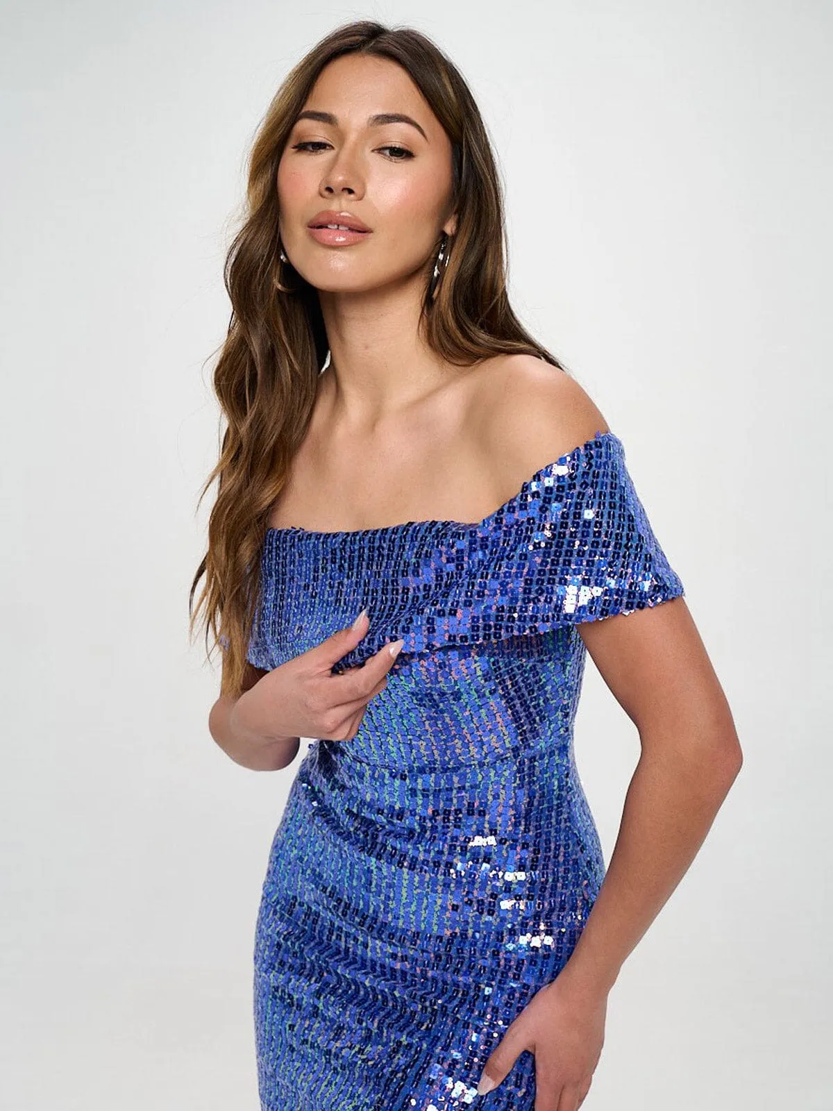 WOMEN'S OFF SHOULDER BODYCON SEQUINS MIDI DRESS