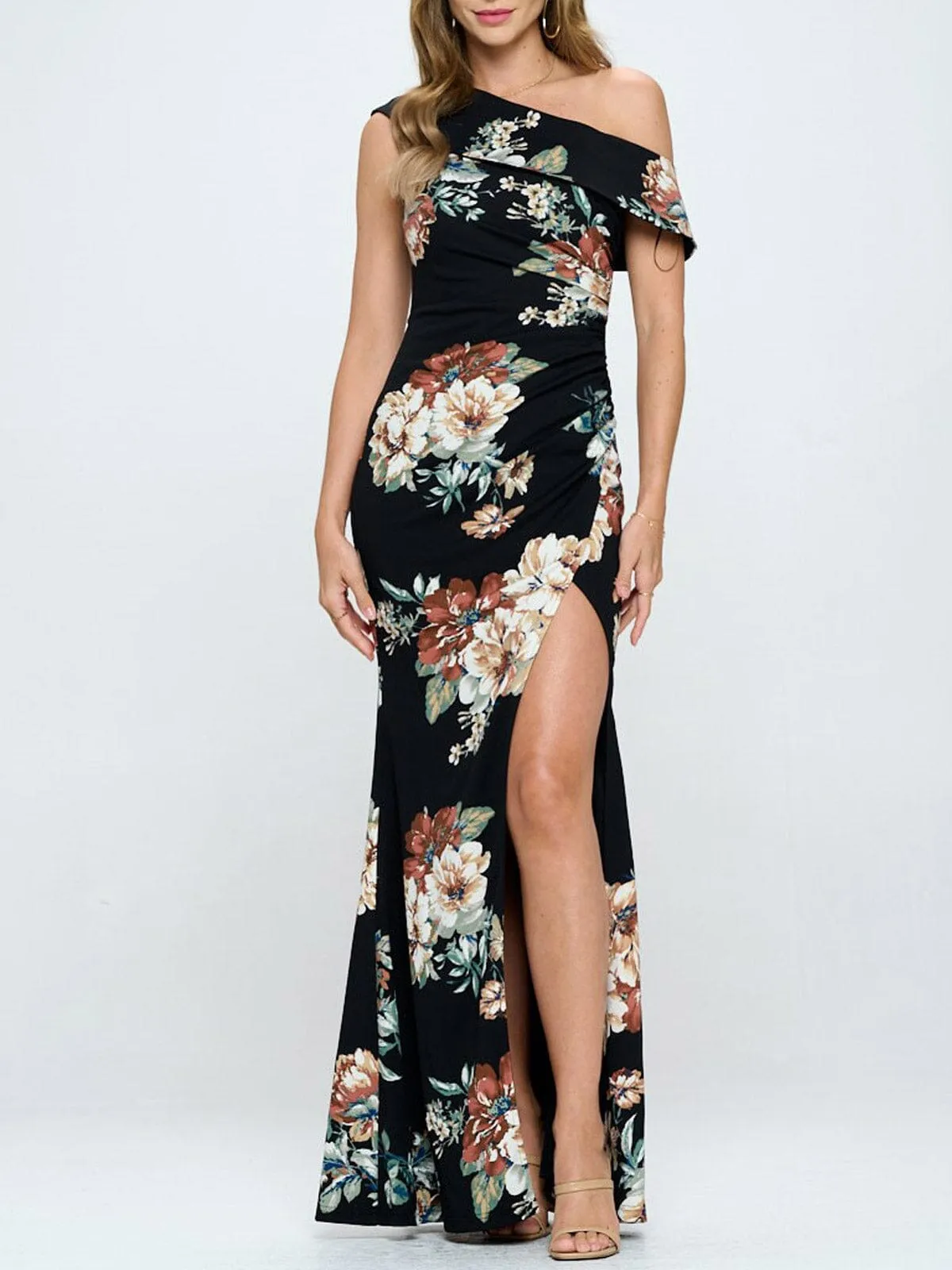 WOMEN'S OFF SHOULDER FRONT SLIT BODYCON FLORAL MAXI DRESS