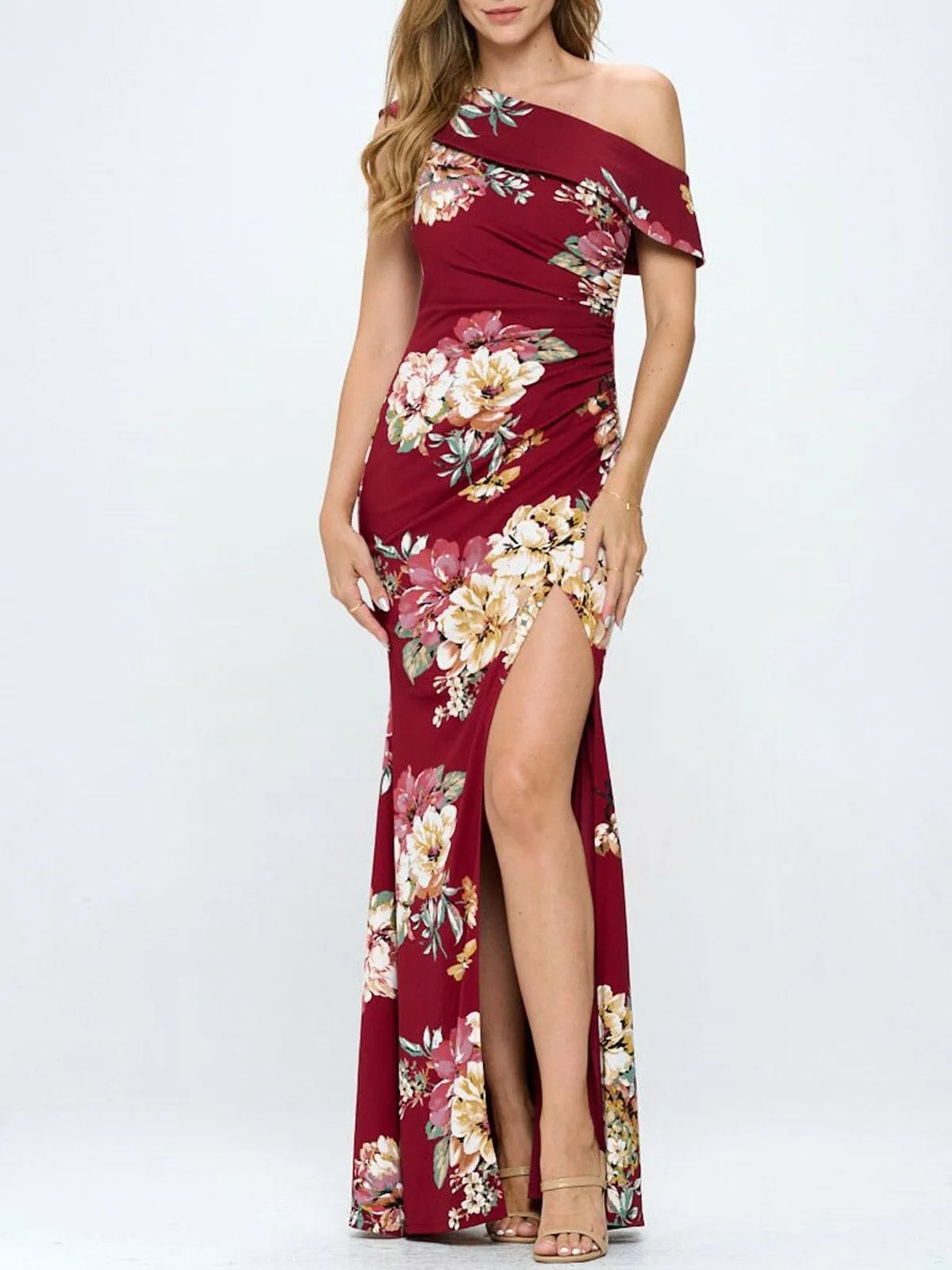 WOMEN'S OFF SHOULDER FRONT SLIT BODYCON FLORAL MAXI DRESS
