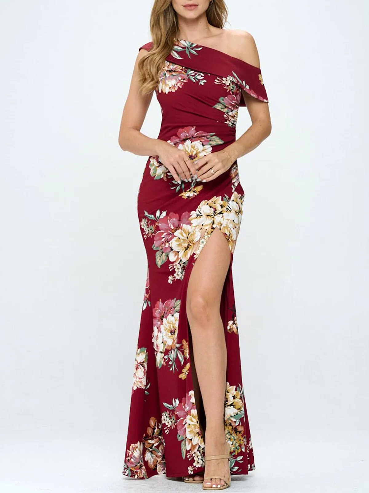 WOMEN'S OFF SHOULDER FRONT SLIT BODYCON FLORAL MAXI DRESS