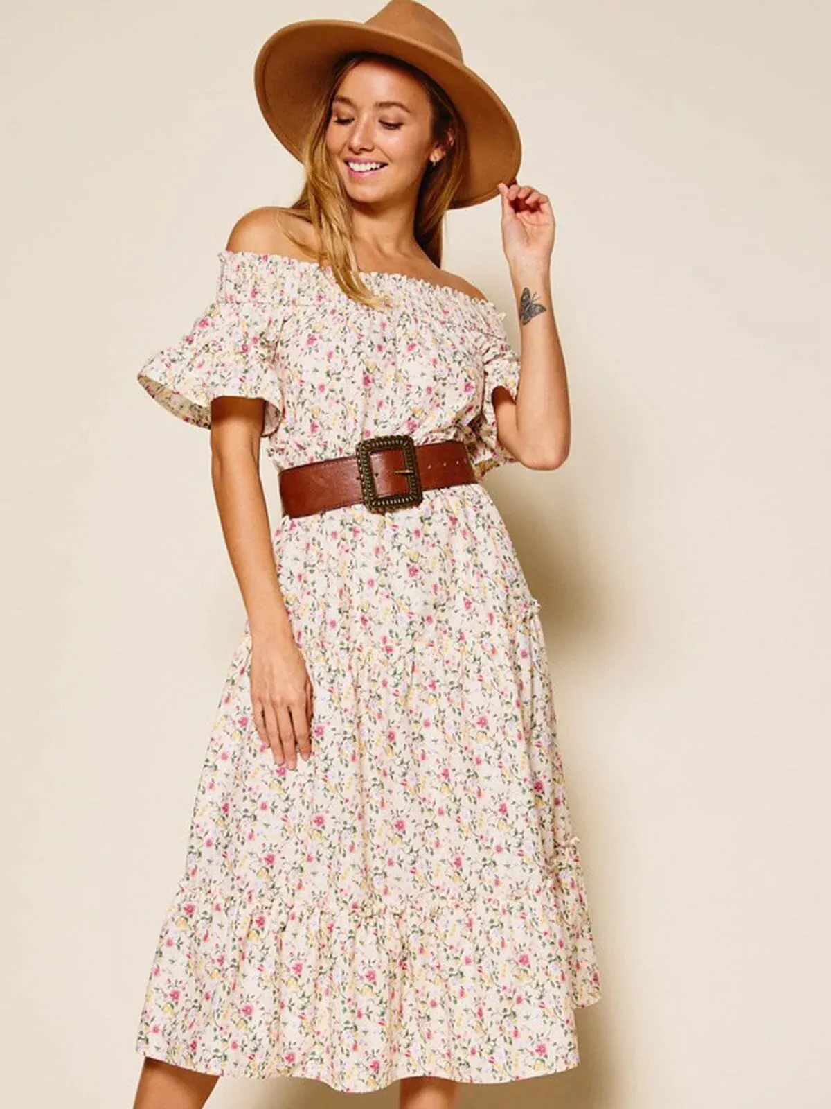 WOMEN'S OFF SHOULDER SMOCK NECK FLORAL MIDI DRESS