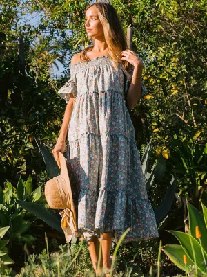 WOMEN'S OFF SHOULDER SMOCK NECK FLORAL MIDI DRESS