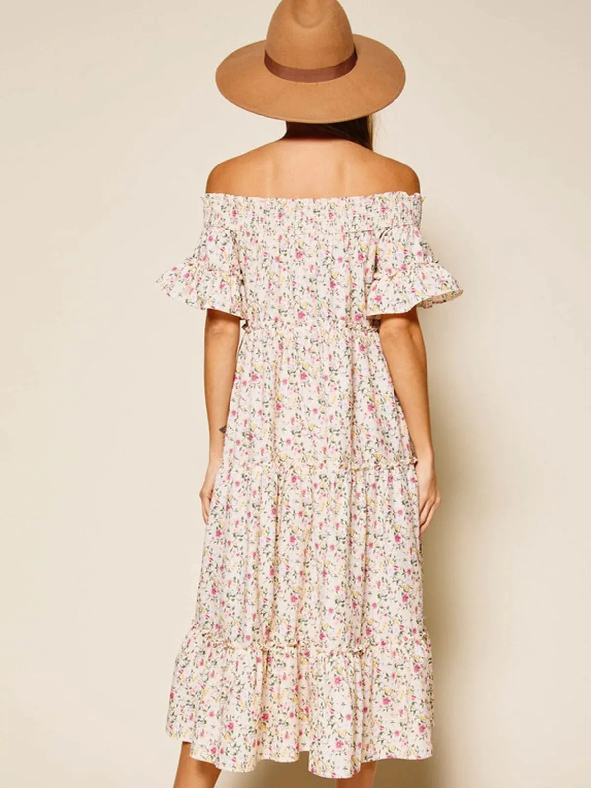 WOMEN'S OFF SHOULDER SMOCK NECK FLORAL MIDI DRESS