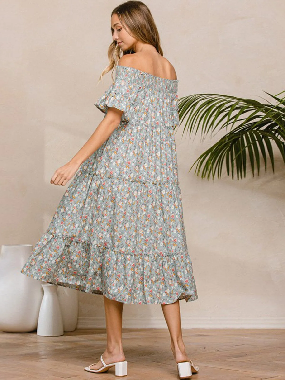 WOMEN'S OFF SHOULDER SMOCK NECK FLORAL MIDI DRESS