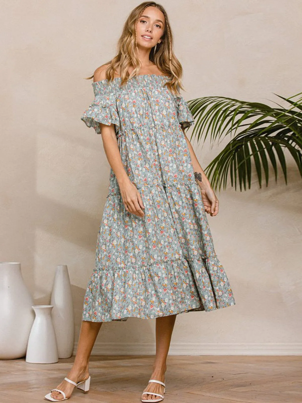 WOMEN'S OFF SHOULDER SMOCK NECK FLORAL MIDI DRESS