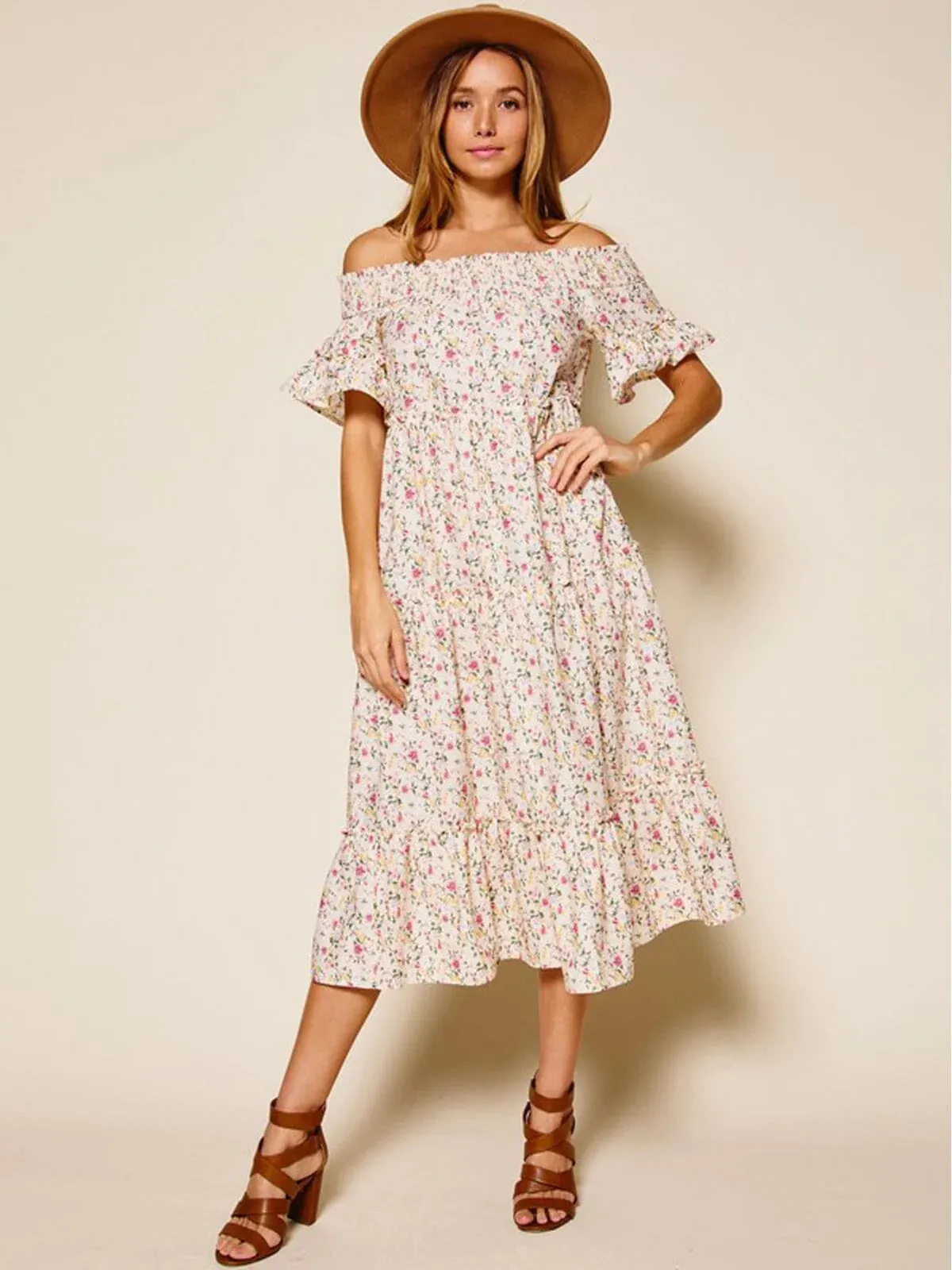 WOMEN'S OFF SHOULDER SMOCK NECK FLORAL MIDI DRESS