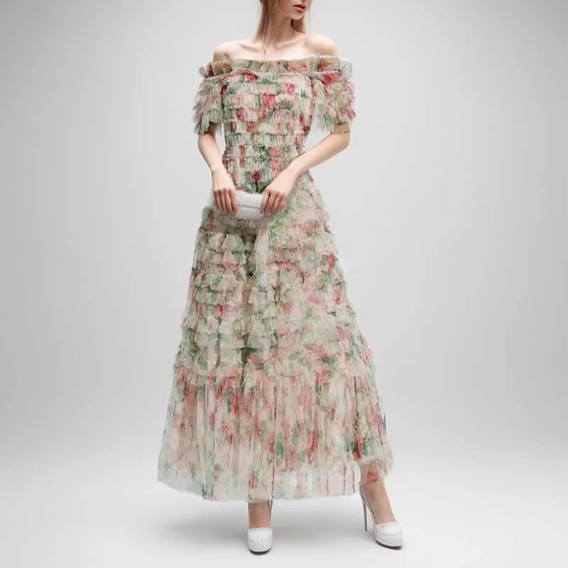Womens Off The Shoulder Tulle Maxi Dress Chic Party Floral Event Dress