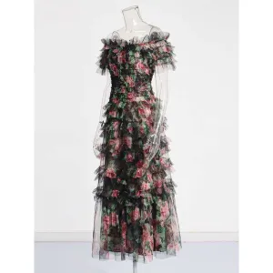 Womens Off The Shoulder Tulle Maxi Dress Chic Party Floral Event Dress