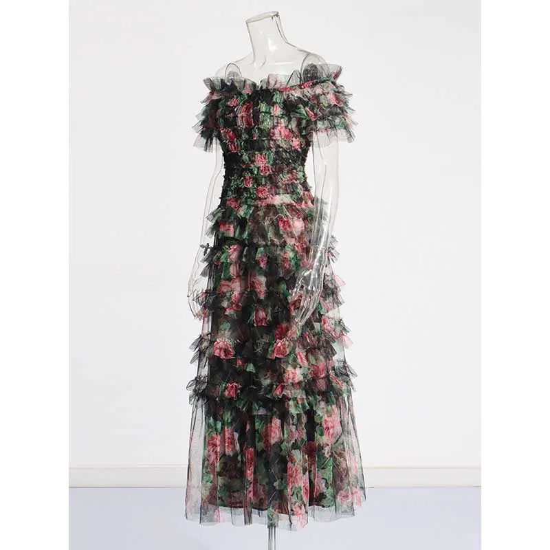 Womens Off The Shoulder Tulle Maxi Dress Chic Party Floral Event Dress