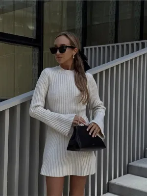 Women's Ribbed Knit Mini Dress O Neck Long Sleeve Slim Fit Dresses Autumn Winter Ladies Chic Party Clubwear Dresses
