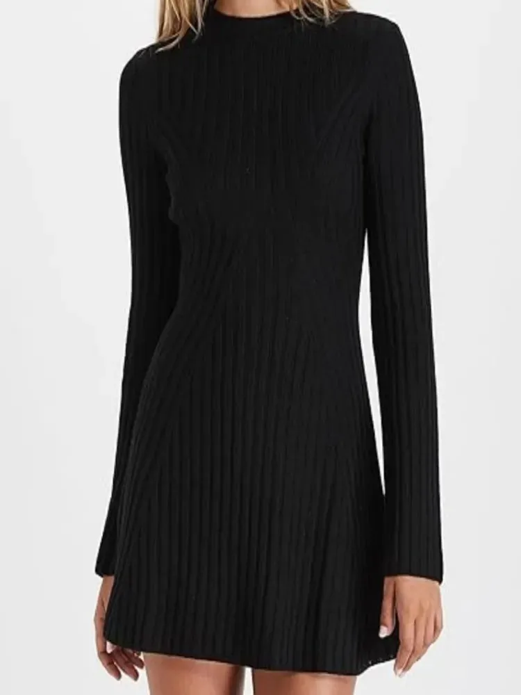 Women's Ribbed Knit Mini Dress O Neck Long Sleeve Slim Fit Dresses Autumn Winter Ladies Chic Party Clubwear Dresses