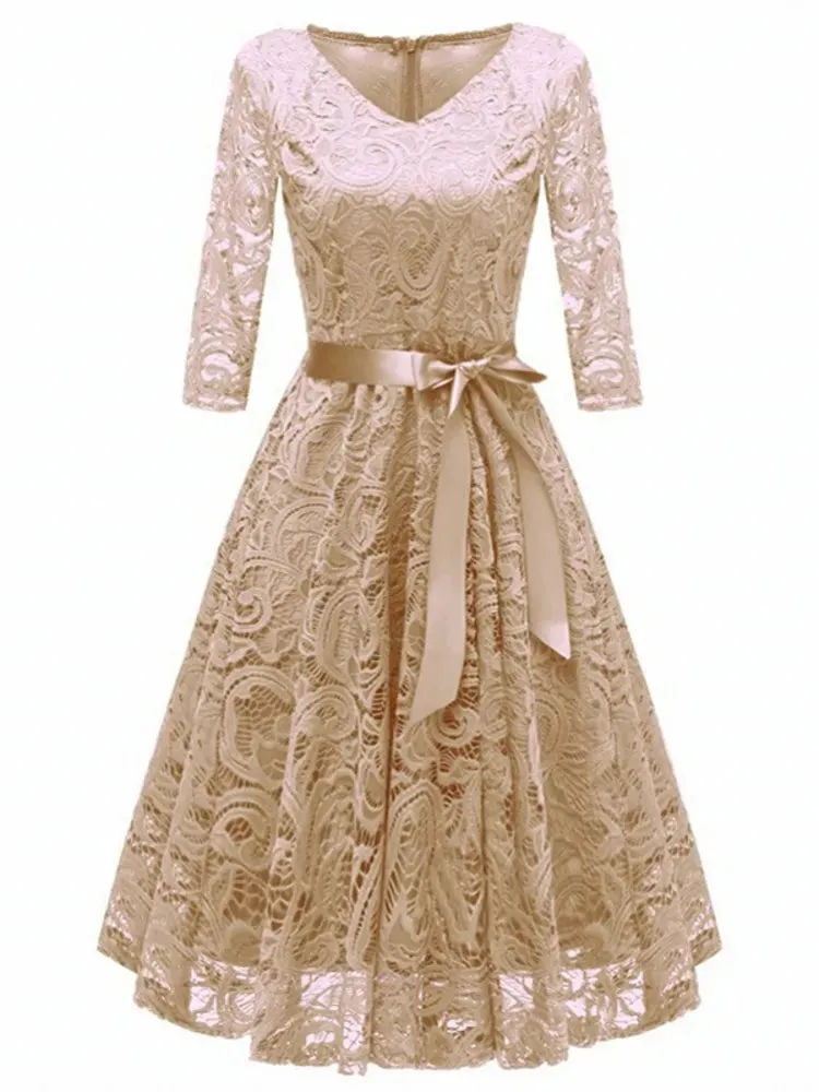 Women's Vintage Hollow Out Floral Lace Dress 3/4 Sleeve V-Neck Long Princess Dress Wedding Party Prom Cocktail Dress