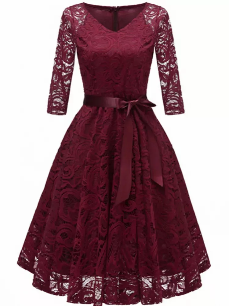Women's Vintage Hollow Out Floral Lace Dress 3/4 Sleeve V-Neck Long Princess Dress Wedding Party Prom Cocktail Dress
