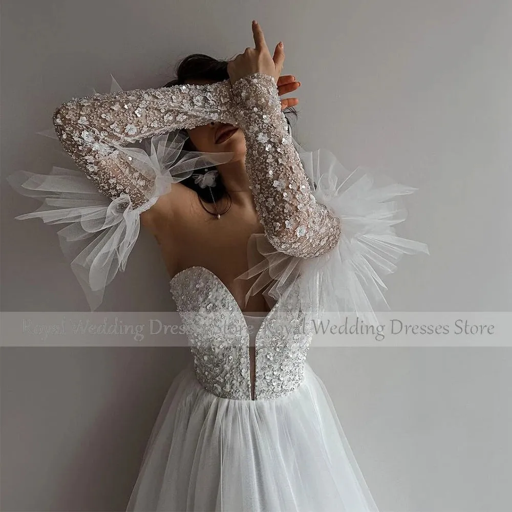 Women's Wedding Dresses Luxury White Tulle Beading Sequined Rhinestone Wedding Party A-line Sweetheart Bride Gowns for Women