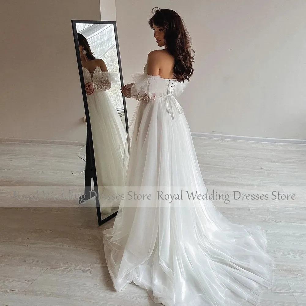 Women's Wedding Dresses Luxury White Tulle Beading Sequined Rhinestone Wedding Party A-line Sweetheart Bride Gowns for Women