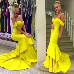 yellow evening dresses modest simple long off the shoulder satin cheap sexy formal evening gown