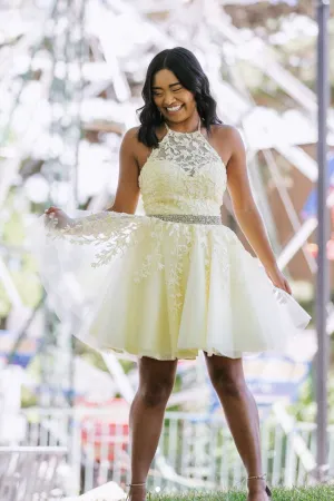 Yellow tulle lace short prom dress yellow homecoming dress