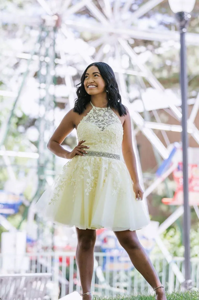 Yellow tulle lace short prom dress yellow homecoming dress