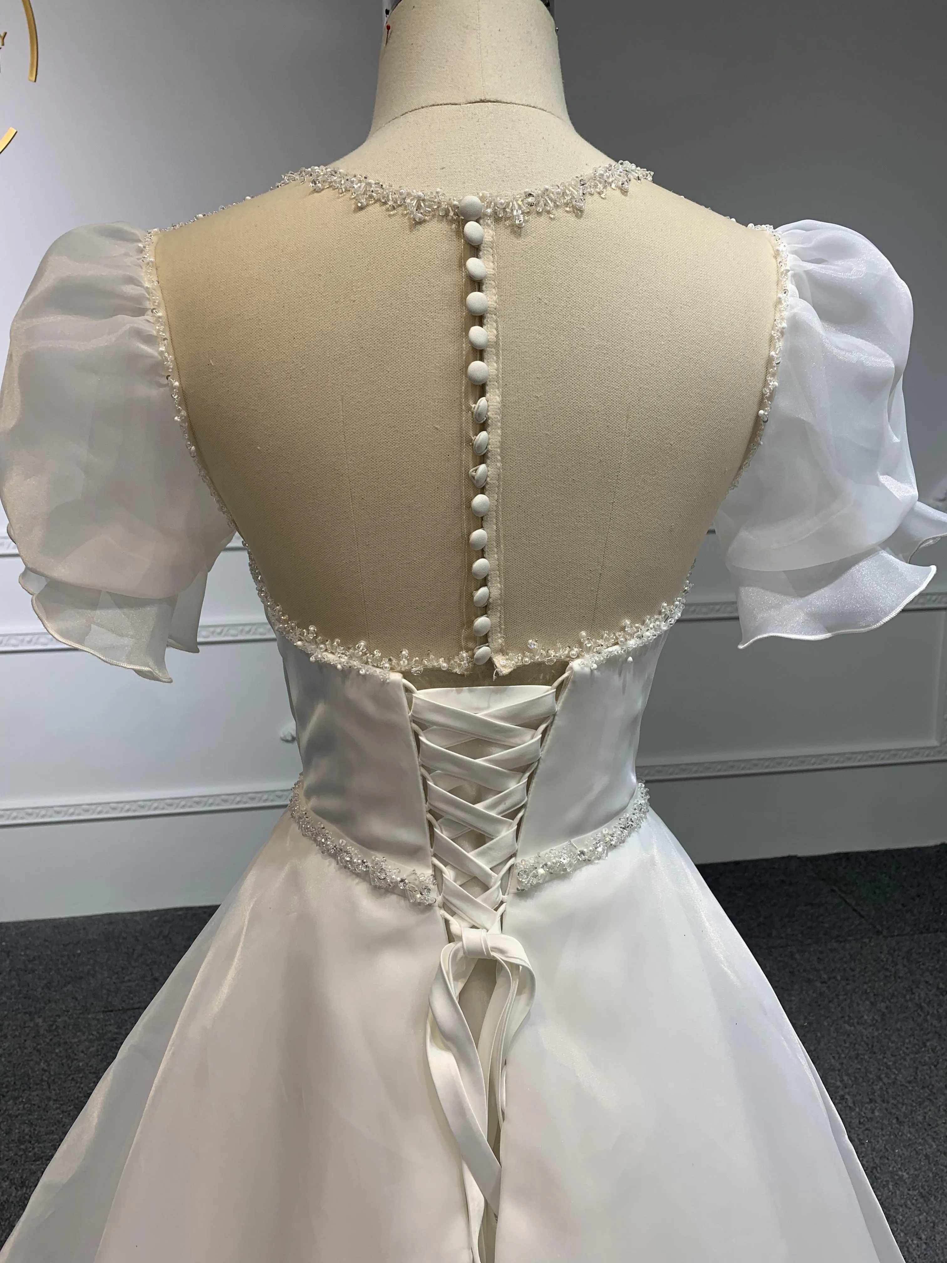 Z010-The Organza V-neckline Short Sleeve With Long Tail
