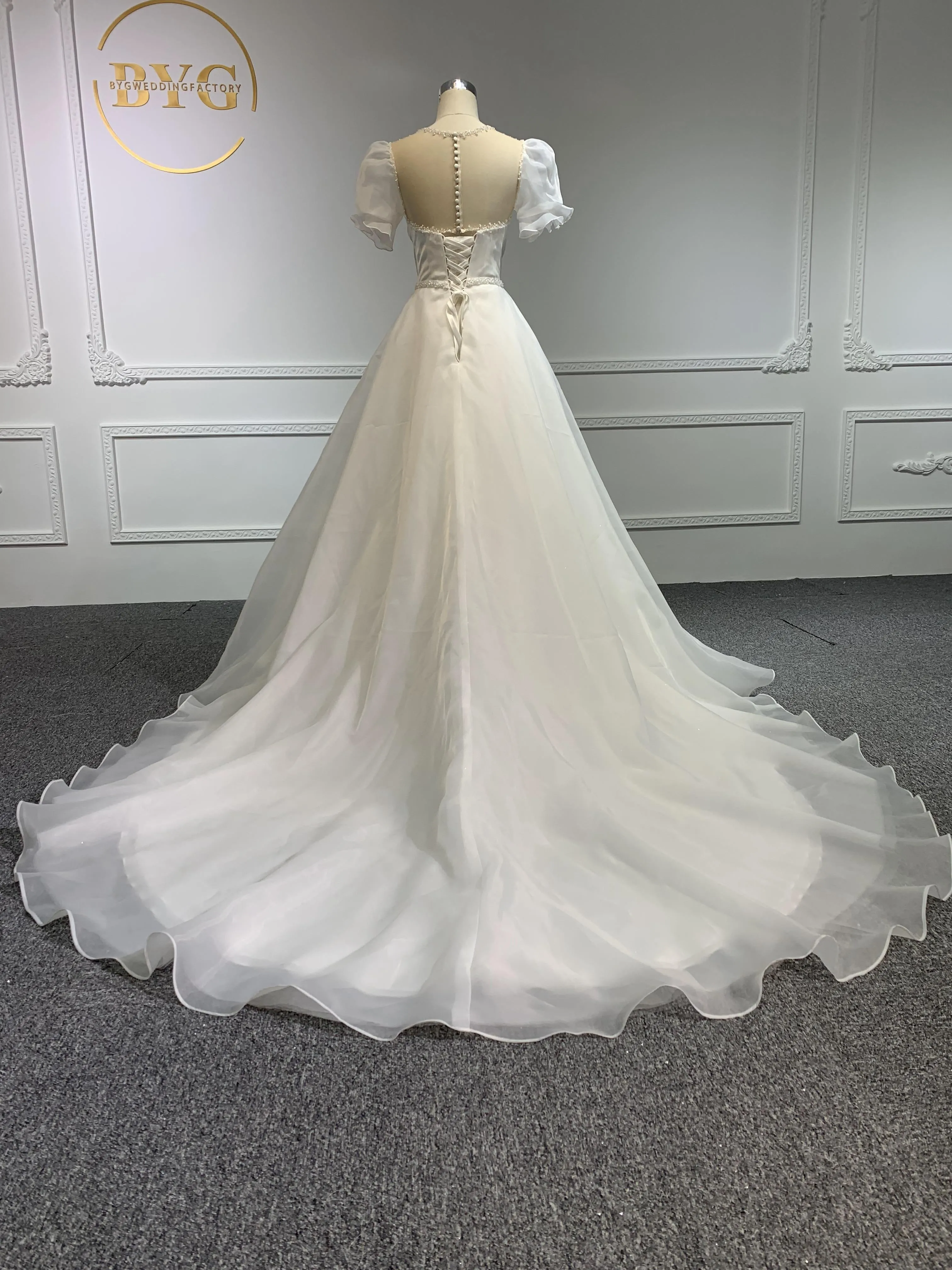 Z010-The Organza V-neckline Short Sleeve With Long Tail