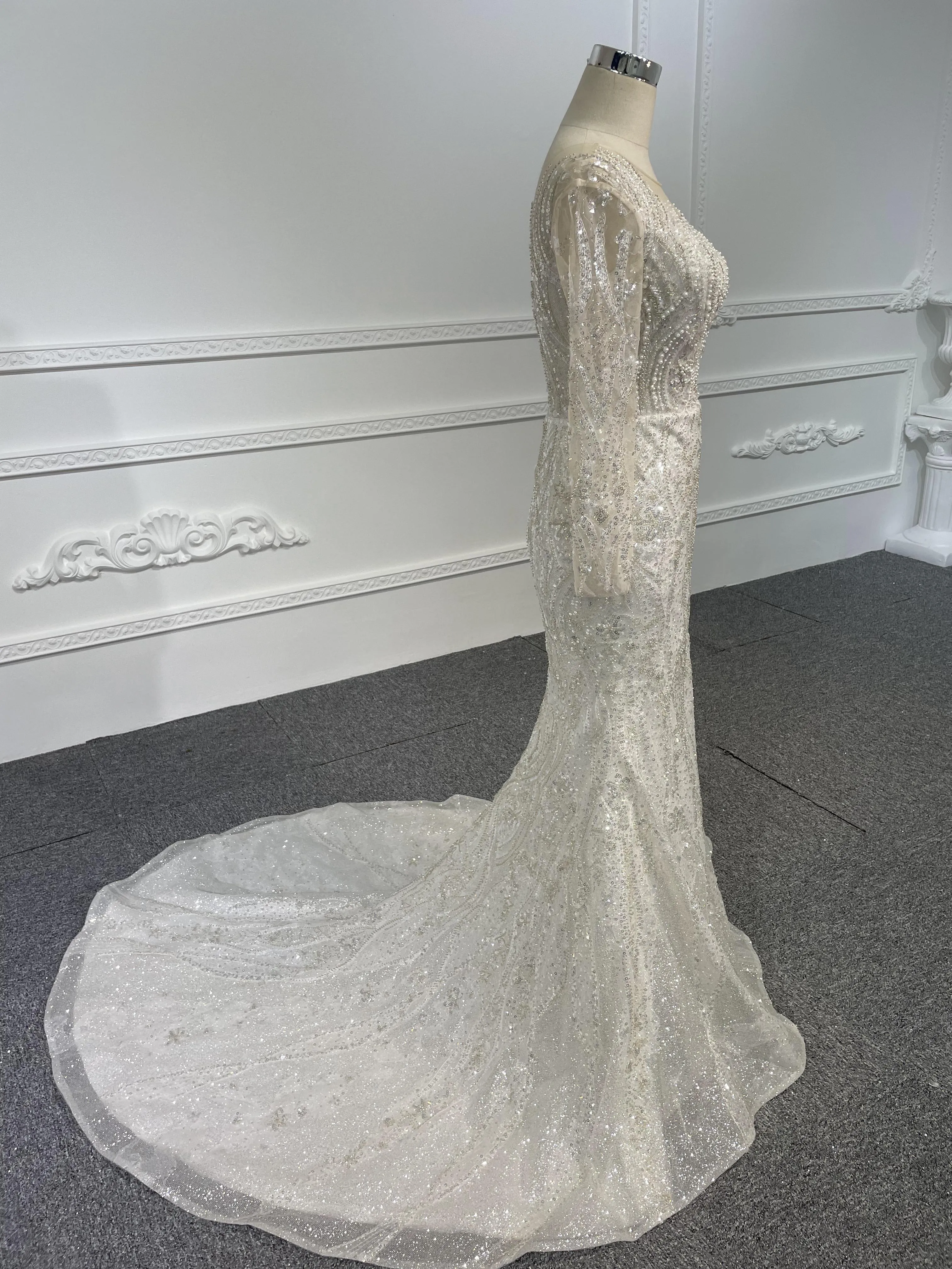 Z040-BYG Sliver sequined pearl mermaid wedding dress with detachable train