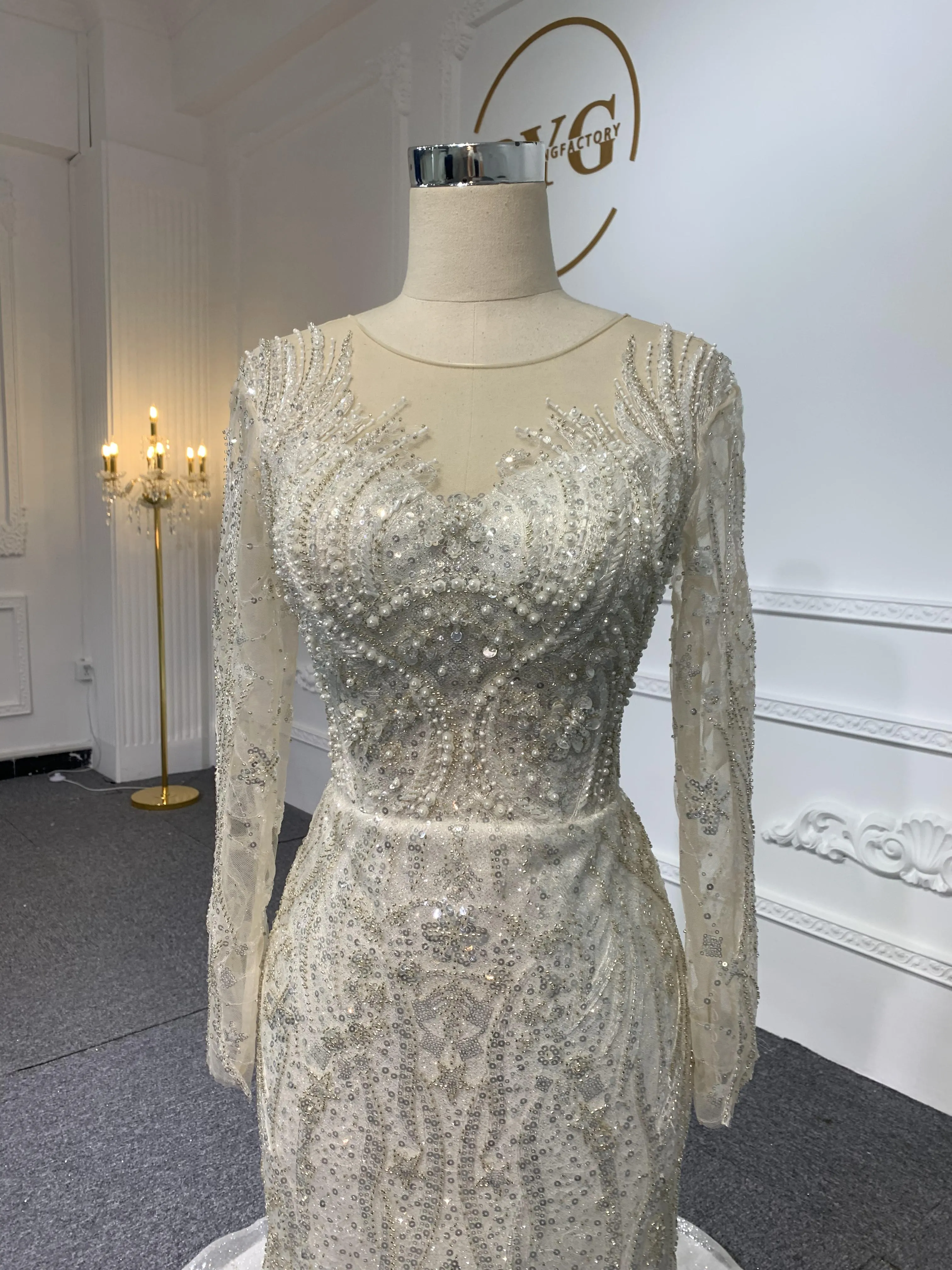 Z040-BYG Sliver sequined pearl mermaid wedding dress with detachable train