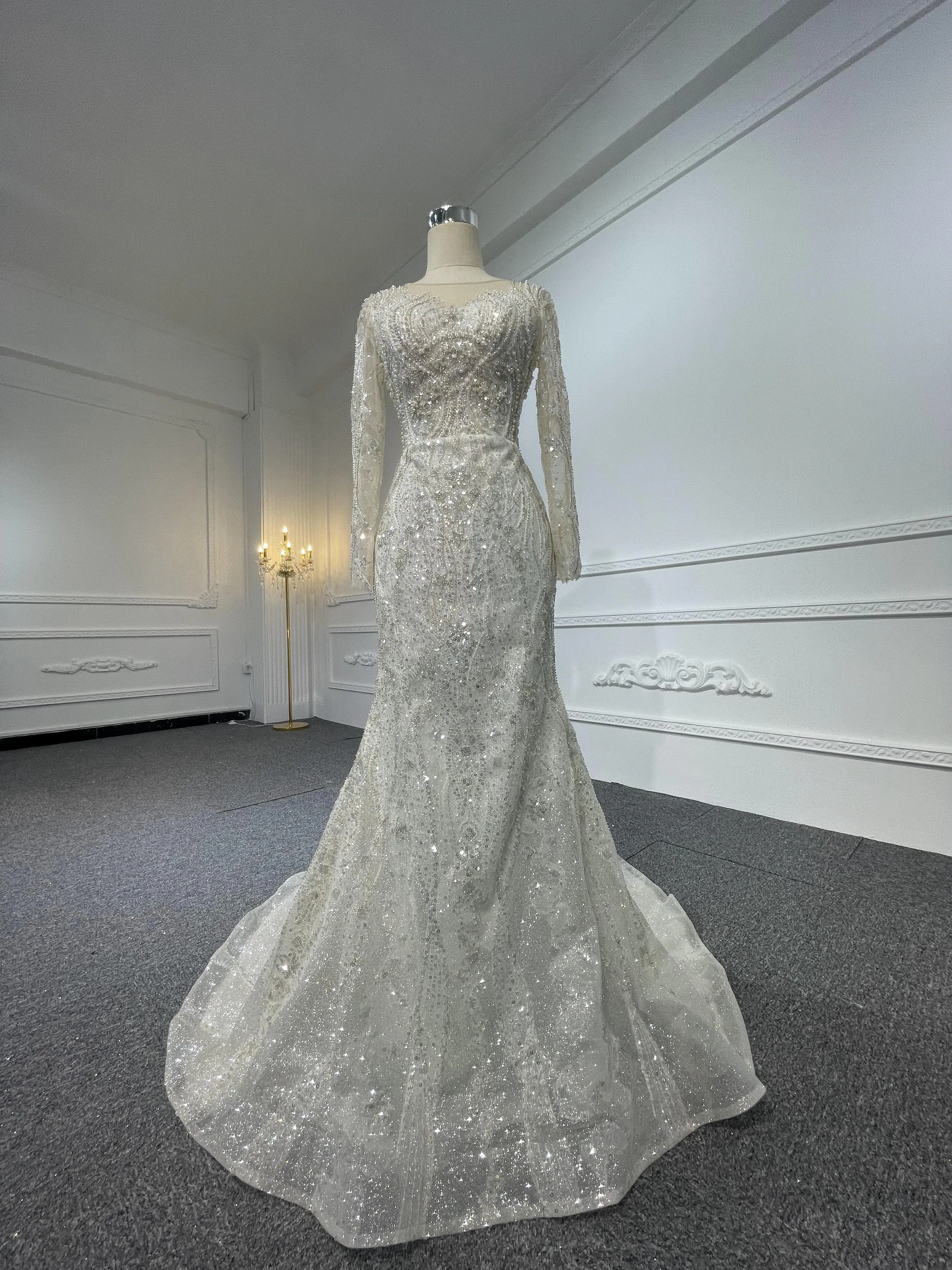 Z040-BYG Sliver sequined pearl mermaid wedding dress with detachable train