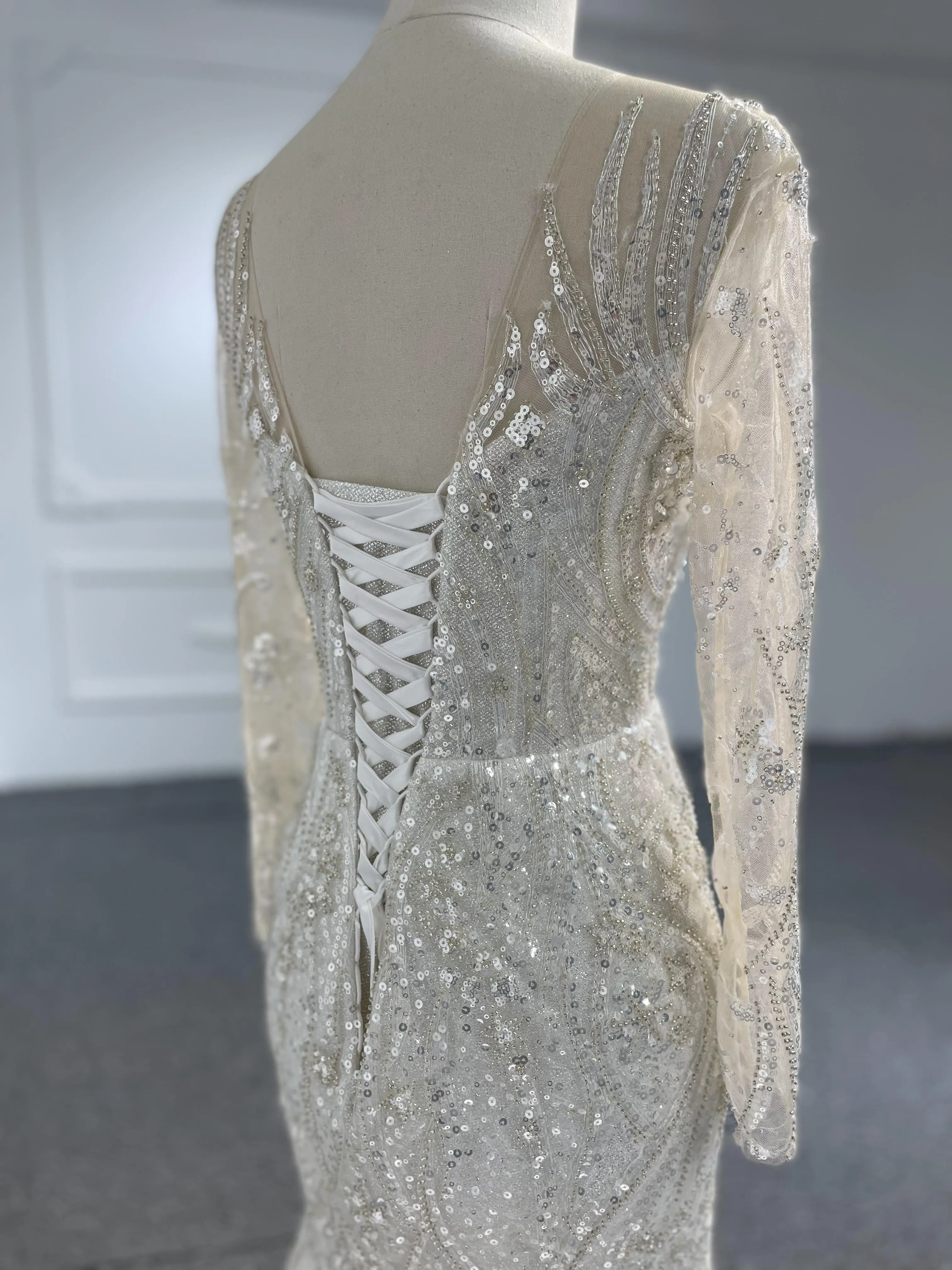 Z040-BYG Sliver sequined pearl mermaid wedding dress with detachable train